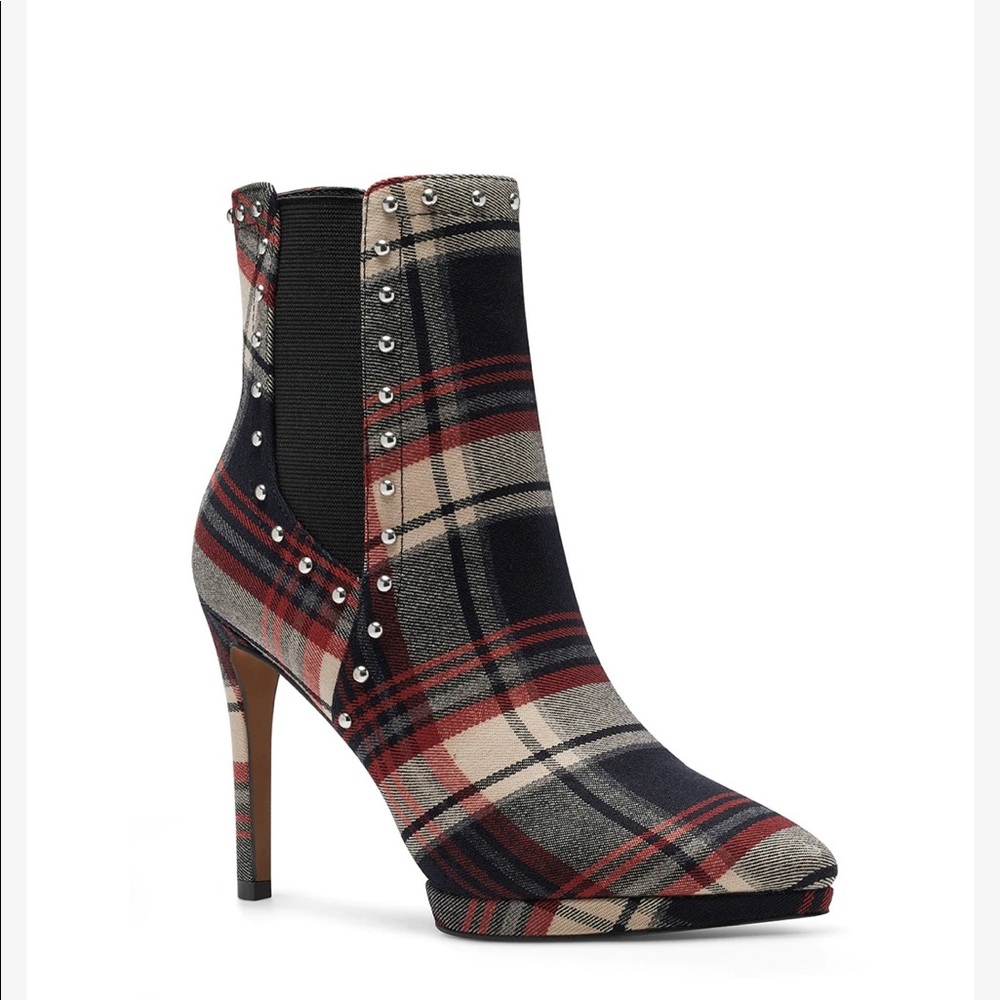 Plaid Studded Pointed-Toe Ankle Boot - Red/Black/Tan
